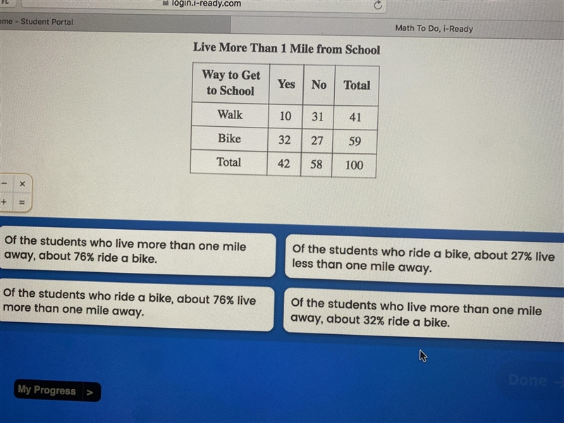 A survey asks students who walk or ride a bike to school whether they live more than-example-1