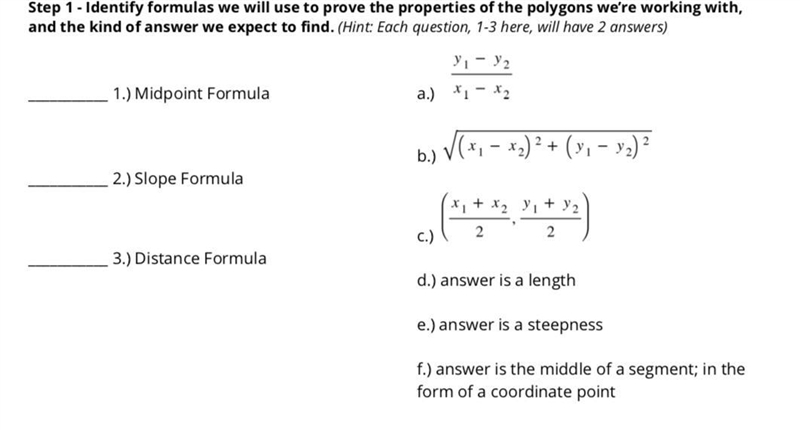 Step 1 - Identify formulas we will use to prove the properties of the polygons we-example-1