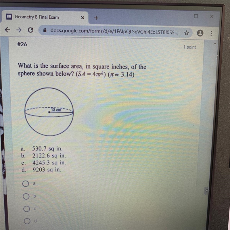 What is the surface area, in square inches, of the sphere shown below? (SA = 4.0) (pi-example-1