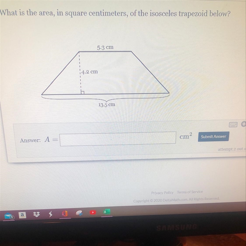 What is the area, in square centimeters, of the isosceles trapezoid below? 5-3 cm-example-1