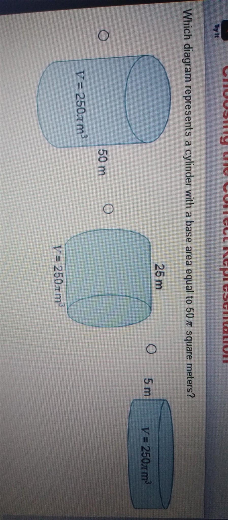 Which diagram represents a cylinder with a base area equal to 50π square meters?​-example-1