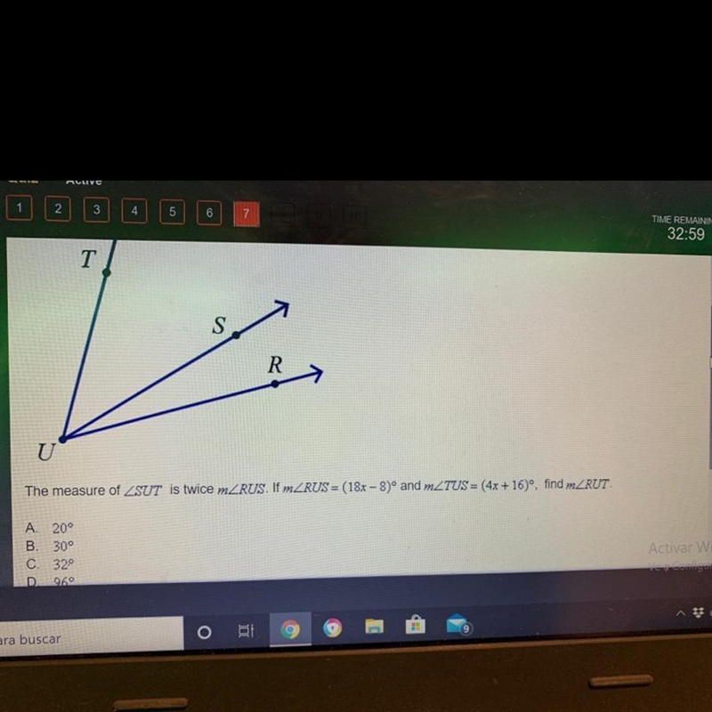 The measure of ZSUT is twice mZRUS. If mZRUS = (18x-8)and mZTUS = (4x + 16), find-example-1