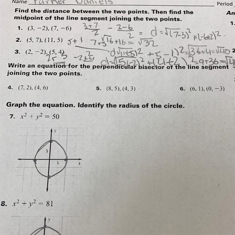 write an equation for the perpendicular bisector of the line joining the two points-example-1