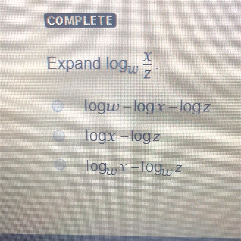 Expand log^w x/z. Love-logx-logz Logx-logz Logw^x-logw^z-example-1