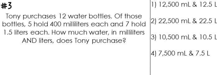 Tony purchases 12 water bottles. Of those bottles, 5 hold 400 milliliter each and-example-1