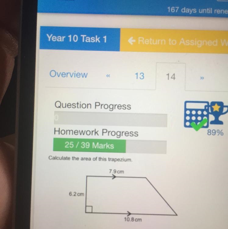 Calculate the area of this trapezium. 7.9 cm 6.2 cm 10.8 cm-example-1