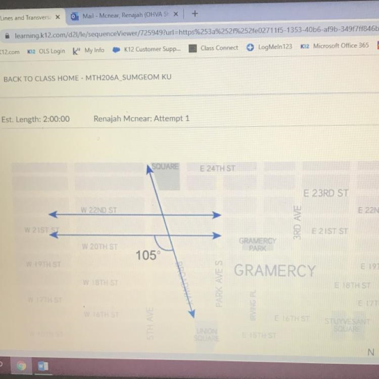 What is the measure of the angle in the Southwest corner of the intersection of broadway-example-1