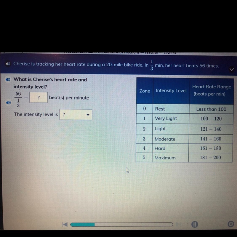 Cherise is tracking her heart rate during a 20-mile bike ride. In 1/3 min, her heart-example-1