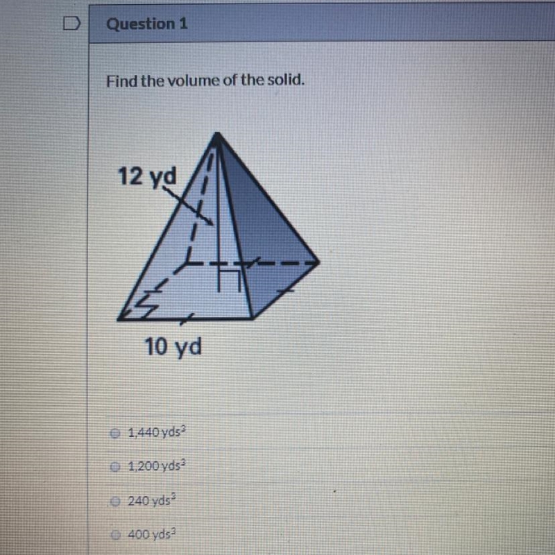 Fine the volume of the solid A. 1,440 B. 1,200 C. 240 D. 400-example-1