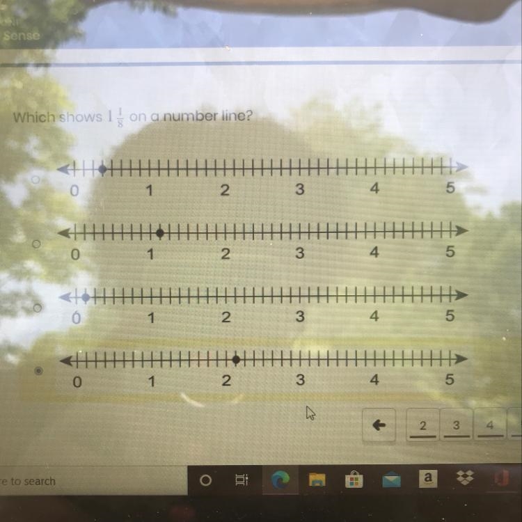 Which shows 1 1/8 on a number line?-example-1