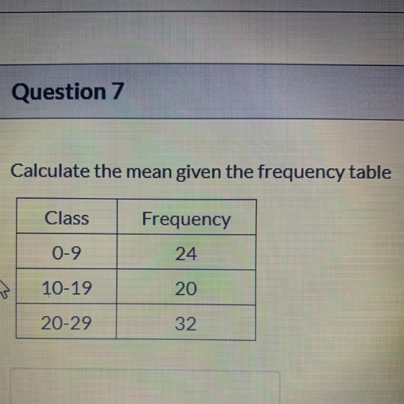 Calculate the mean given the frequency table Class Frequency 0-9 24 10-19 20 20-29 32-example-1