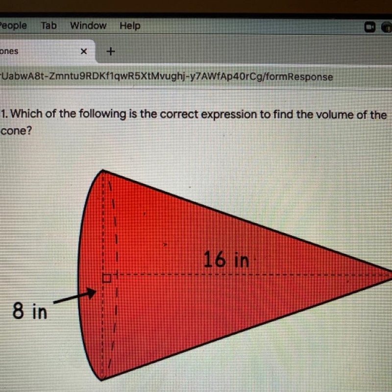 Which of the following is the correct expression to find the volume of the one? 16 in-example-1