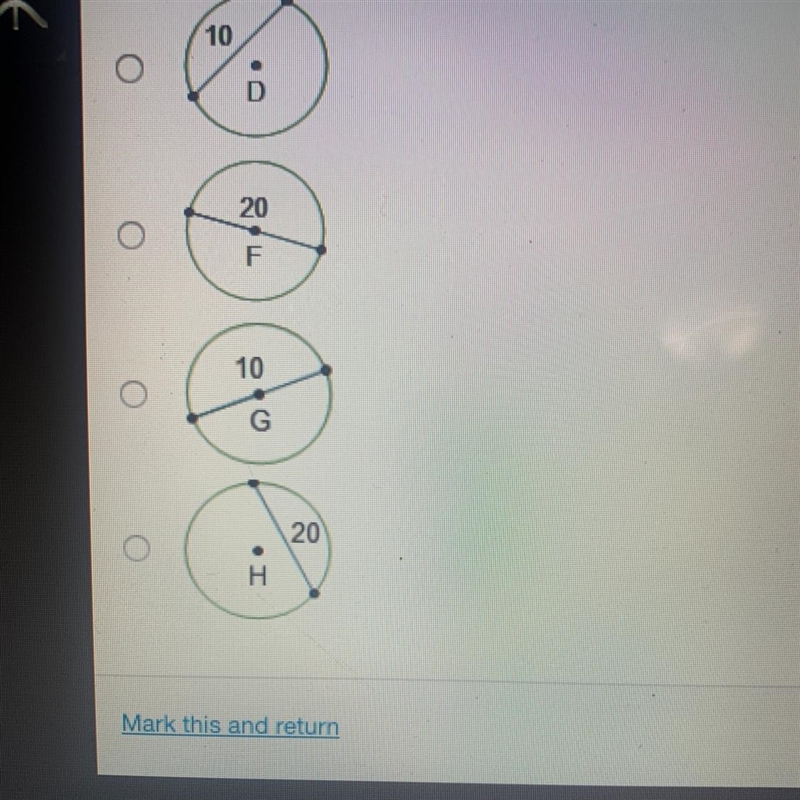 Which circle has a radius that measures 10 units?-example-1