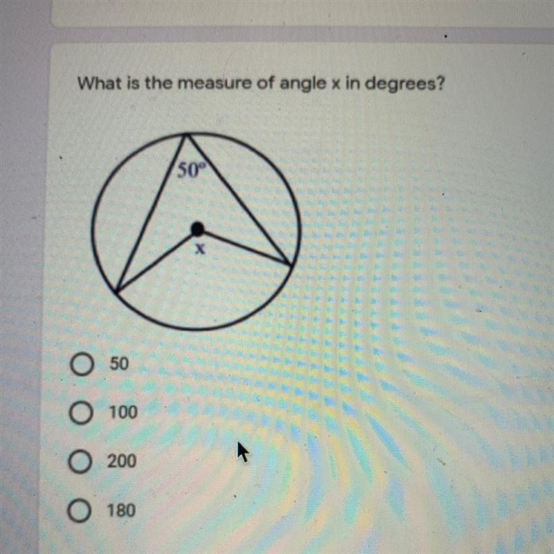 What is the measure of angle x in degrees? 50 100 200 180-example-1