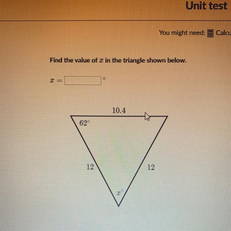 Find the value of x in the triangle shown below. please help me-example-1