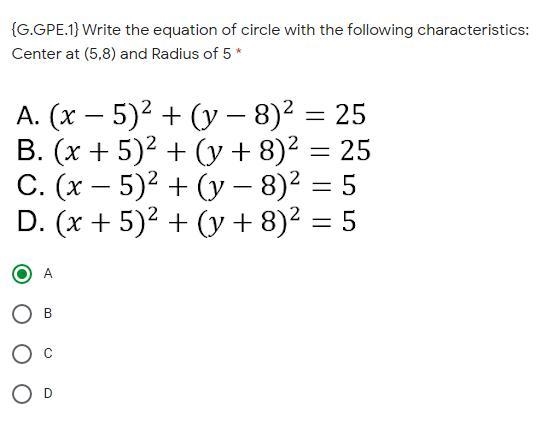 Write the equation of circle with the following characteristics: Center at (5,8) and-example-1