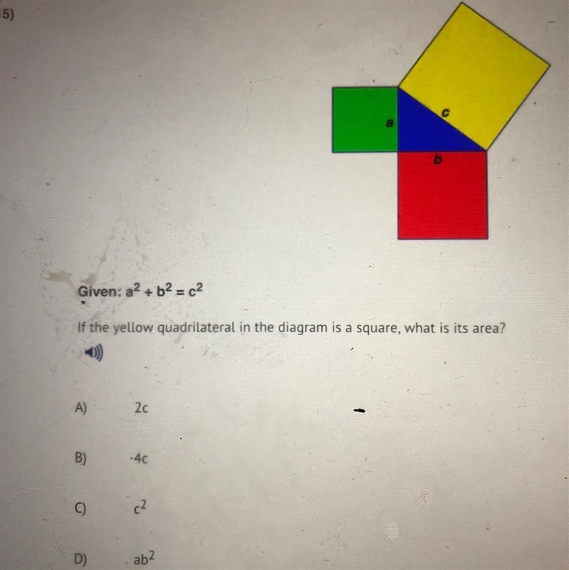 If the yellow quadrilateral in the diagram is a square, what is its area? A) 2c B-example-1