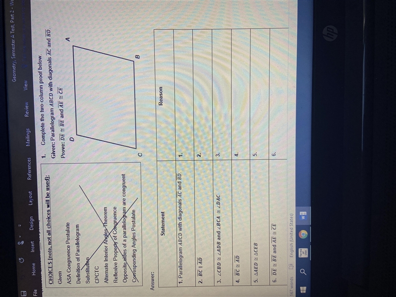 Complete the two column proof below given : parallelogram ABCD with diagonals AC and-example-1