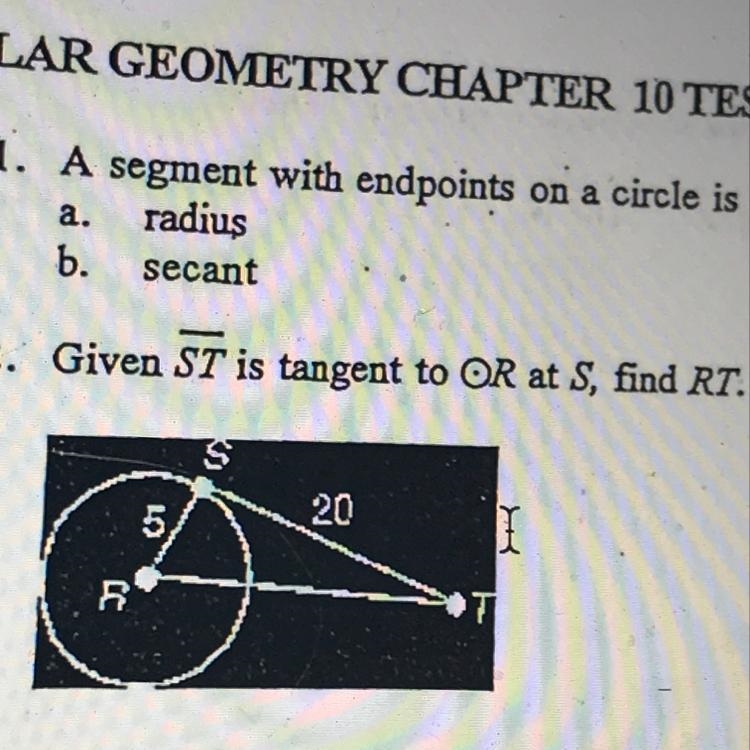 Given ST is tangent to radius R at S, find RT.-example-1