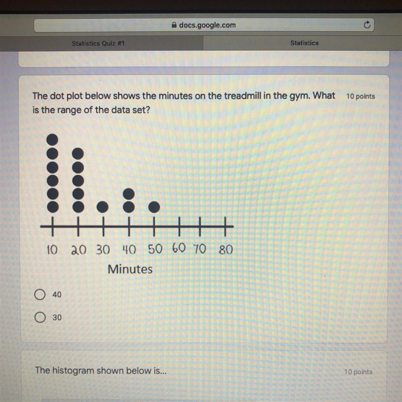 The dot plot below shows the minutes on the treadmill in the gym. What is the range-example-1