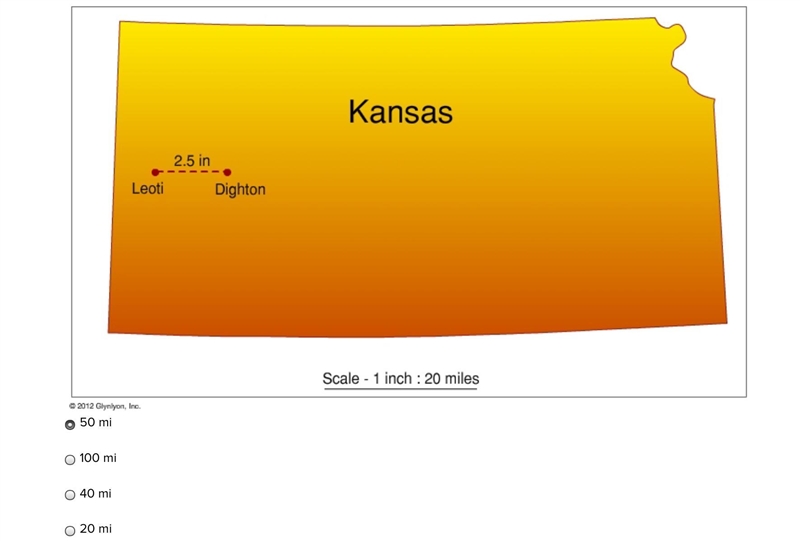 The distance from Leoti, Kansas to Dighton, Kansas on the map is approximately 2.5 inches-example-1