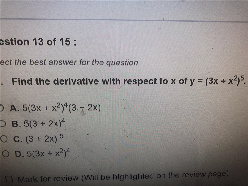 Find the derivative with respect to x of y = (3x + x^2)^5-example-1