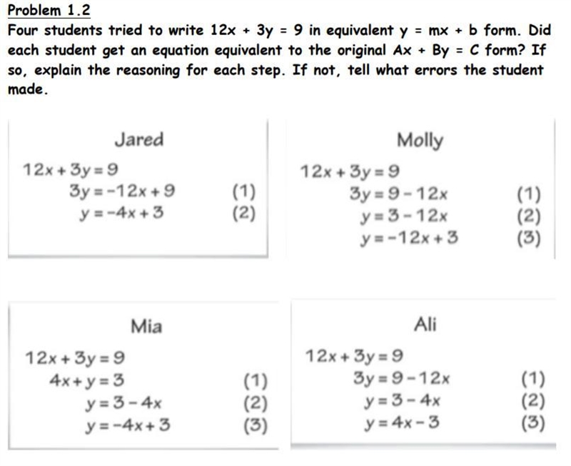 Problem: Four students tried to write 12x + 3y=9 in equivalent y= mx + b form. Question-example-1