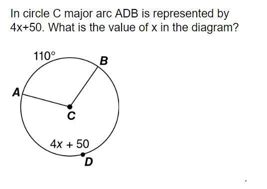 In circle C major arc ABD is represented by 4x+50. what is the value of x in the diagram-example-1