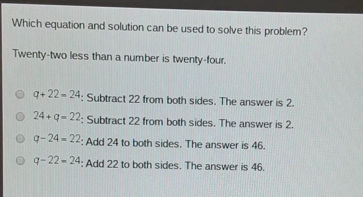 Which equation and solution can be used to solve this problem? Twenty-two less than-example-1