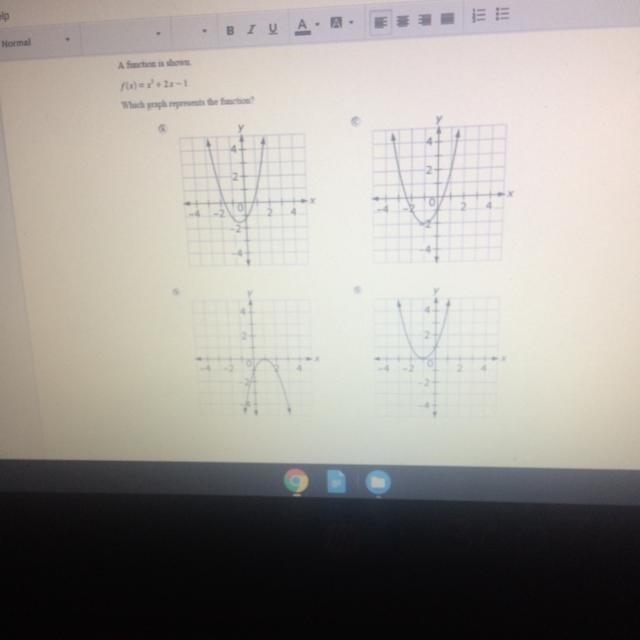 A function is shown f(x)=x^2+2x-1 which graph represents the function-example-1