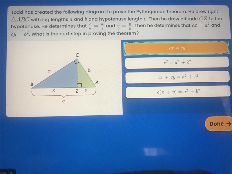 PLEASE HELP 15 points!! Todd has created the following diagram to prove the Pythagorean-example-1