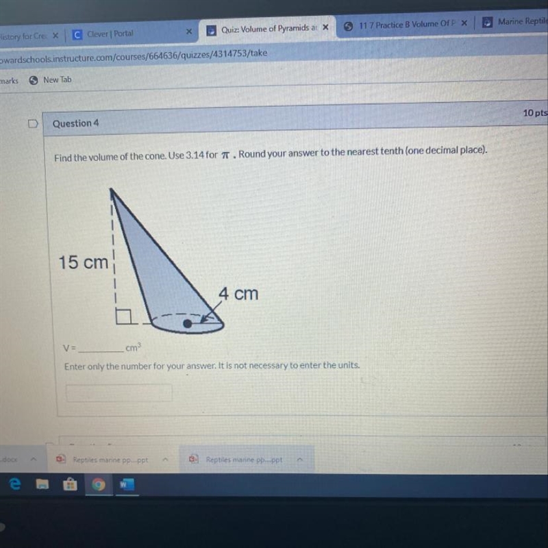 Find the volume of a cone. Use 3.14 for pie. Rounded answer to the nearest 10th (One-example-1