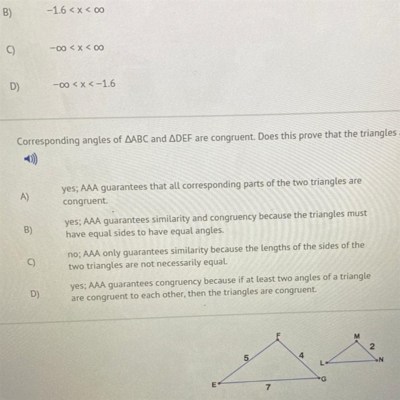 Corresponding angles of AABC and ADEF are congruent. Does this prove that the triangles-example-1