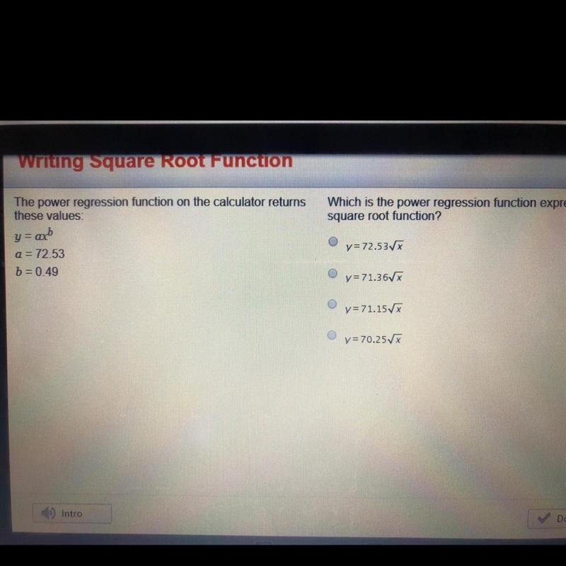 Which is the power regression function expressed as a square root function?-example-1