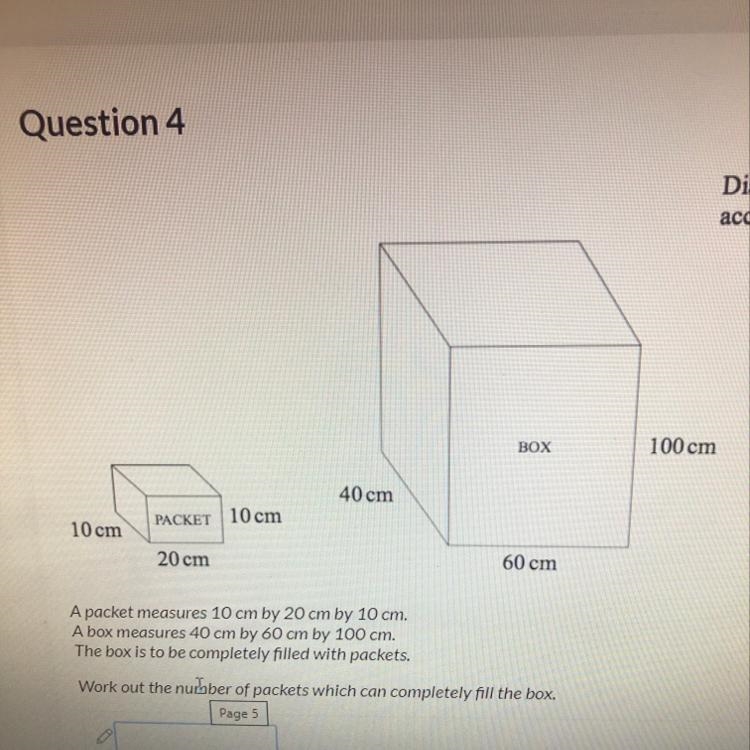 A packet measures 10 cm by 20 cm by 10 cm. A box measures 40 cm by 60 cm by 100 cm-example-1