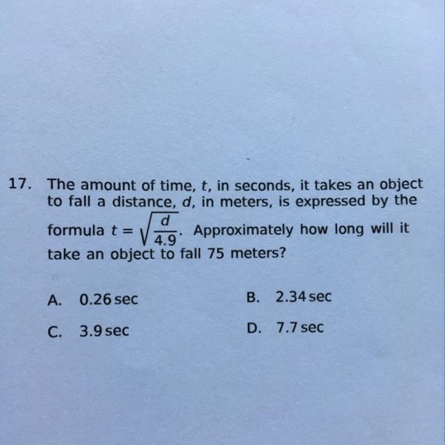 17. The amount of time, t, in seconds, it takes an object to fall a distance-example-1