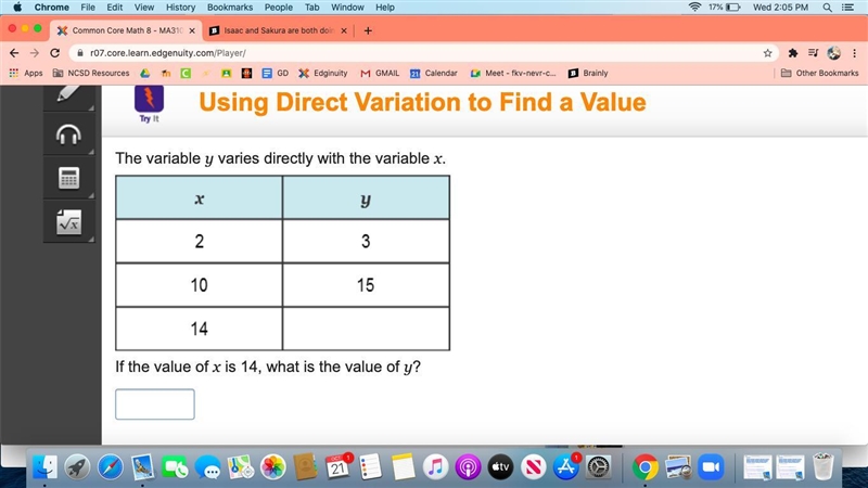 The variable y varies directly with the variable x. A 2-column table with 3 rows. Column-example-1