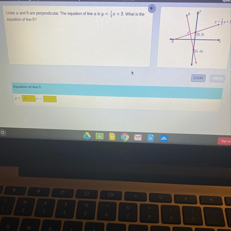 Help ASAP lines a and b are perpendicular. The equation of like a is y=1/3x+3 what-example-1