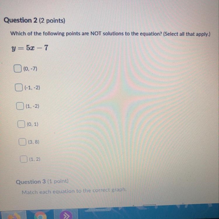 Question 2 (2 points) Which of the following points are NOT solutions to the equation-example-1