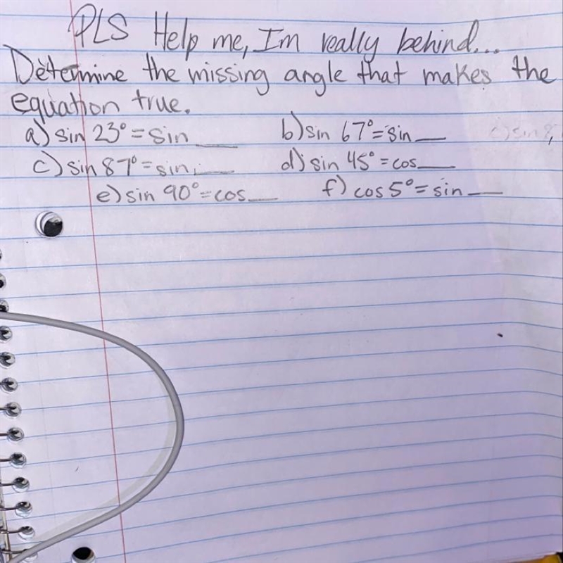 Determine the missing angle that makes the equation true. a) sin 23°= sin ?? b)sin-example-1