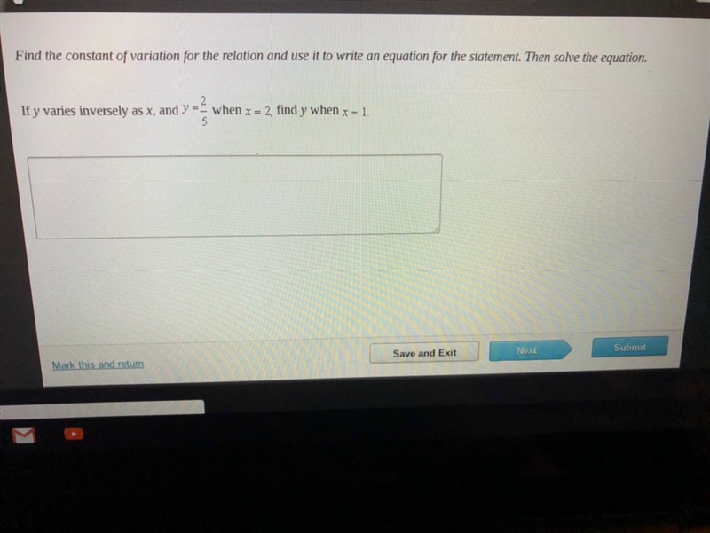 If y varies inversely as x and y= 2/5 when x= 2, find y when x= 1-example-1