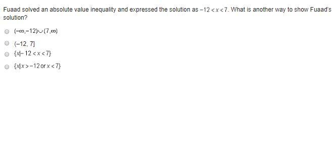 Fuaad solved an absolute value inequality and expressed the solution as . What is-example-1