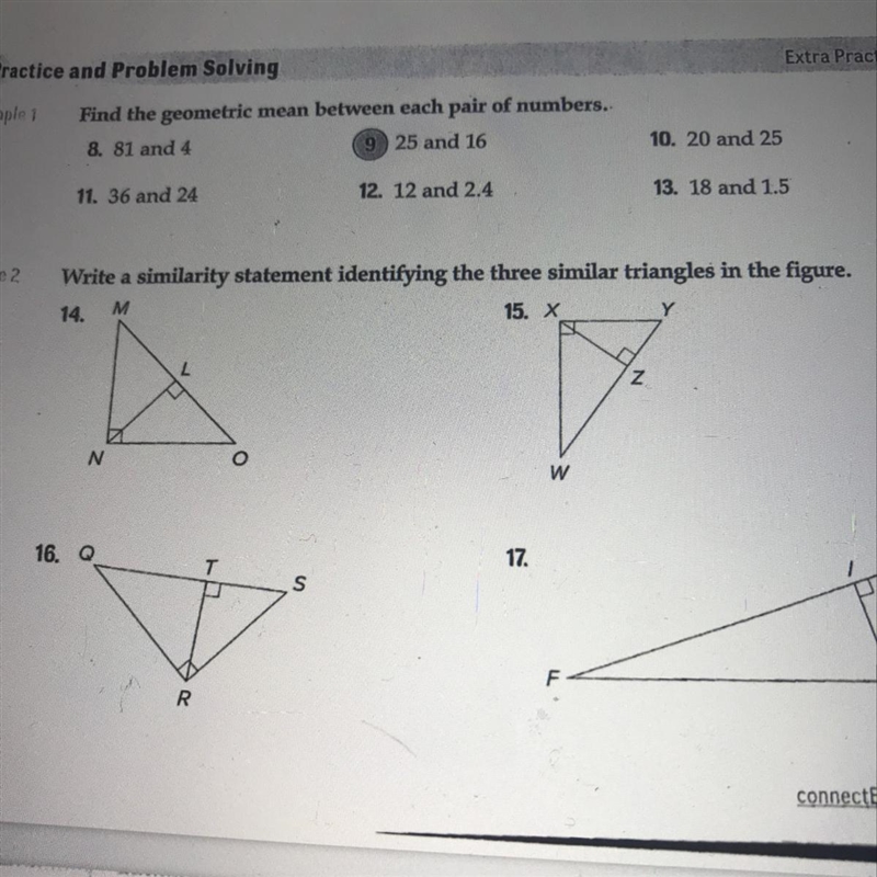 Write a similarity statement identifying the three similar triangles in the figure-example-1