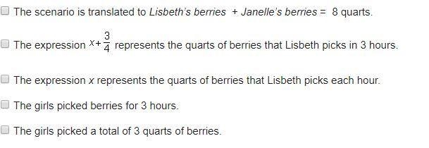 Janelle and Lisbeth are picking berries. Janelle picks Three-fourths of a quart more-example-1