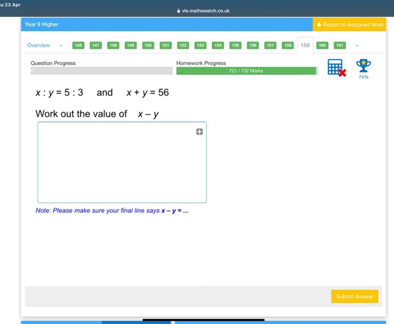 Could someone help me with this question please! X:y = 5: 3 and x + y = 56 Work out-example-1