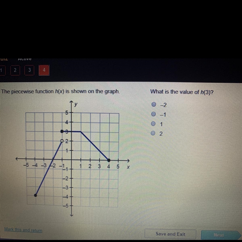 What is the value of h(3)? A) -2 B) -1 C) 1 D) 2-example-1