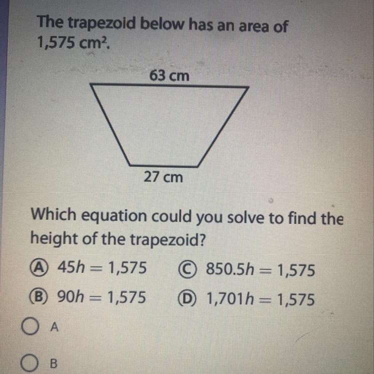 The trapezoid below has an area of 1,575 cm exponent 2. Which equation could you solve-example-1