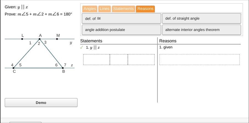 Help please. (Given: y ∥ x Prove: m∠5 + m∠2 + m∠6 = 180)-example-1