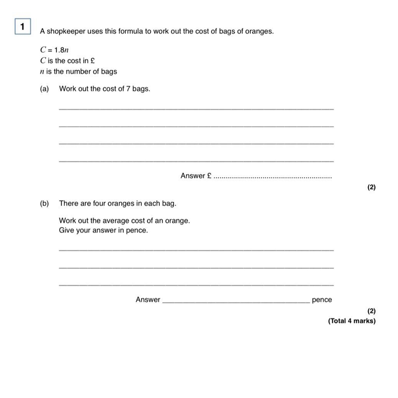 A shoekeeper uses this formula to work out the cost of bags of oranges C = 1.8n C-example-1