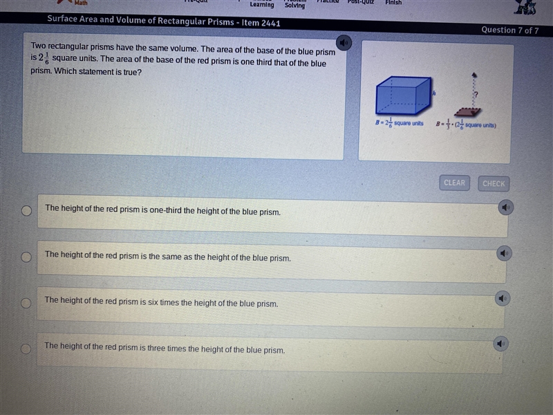 Two rectangular prisms have the same volume. the area of the base of the blue prism-example-1